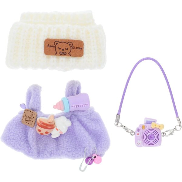 Puppenkleidungsset mit lila Plüschoverall und Kamerazubehör