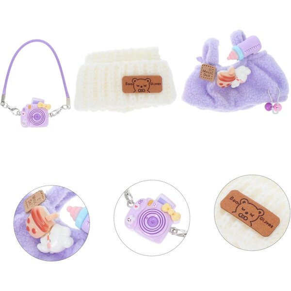 Puppenkleidungsset mit lila Plüschoverall und Kamerazubehör