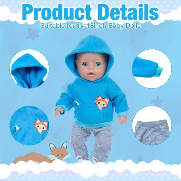 Blaues und graues Puppenkleidungsset 35-45 cm mit Gürteln und Socken, Kindergeschenk