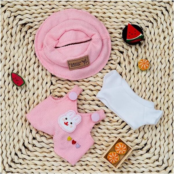Kleidungsset für 17-cm-Puppe mit Unisex-Pink-Sheep-Hemd, Latzhose und Hut