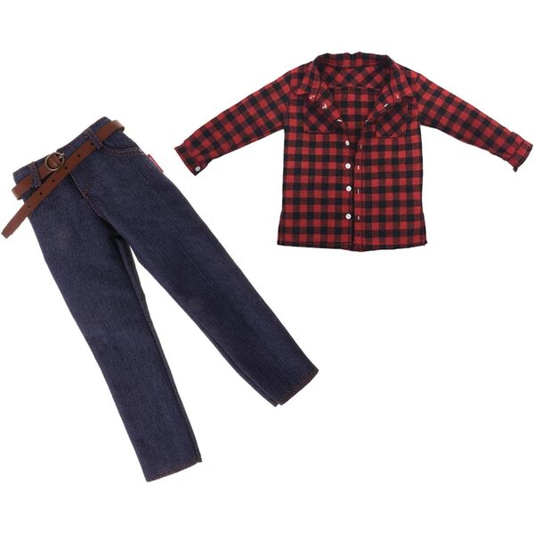 1/6 Figurenkleidung: rot-schwarz kariertes Hemd mit Bluejeans für 30,5 cm