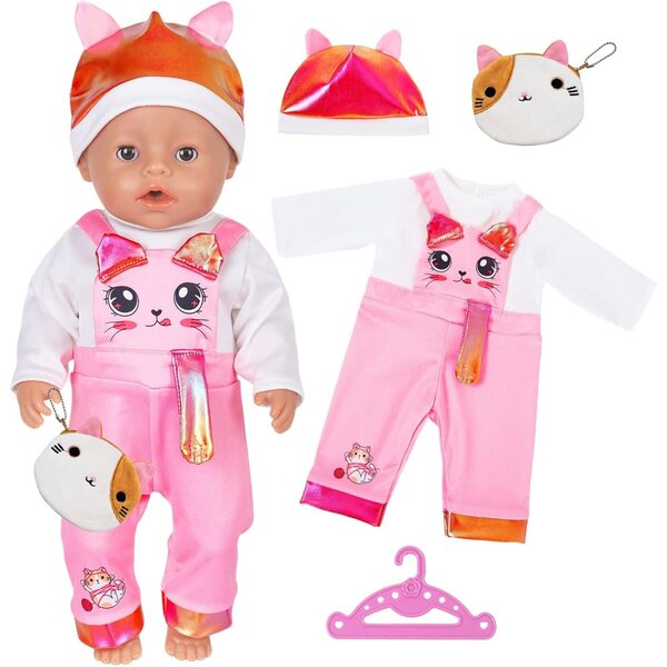 Kleidungsset für 35–43 cm große Puppen mit Katzenmotiv und Geldbörse inklusive