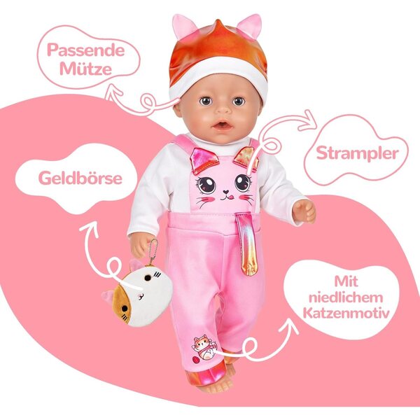 Kleidungsset für 35–43 cm große Puppen mit Katzenmotiv und Geldbörse inklusive