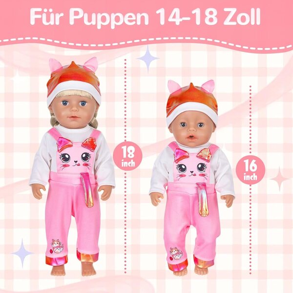 Kleidungsset für 35–43 cm große Puppen mit Katzenmotiv und Geldbörse inklusive
