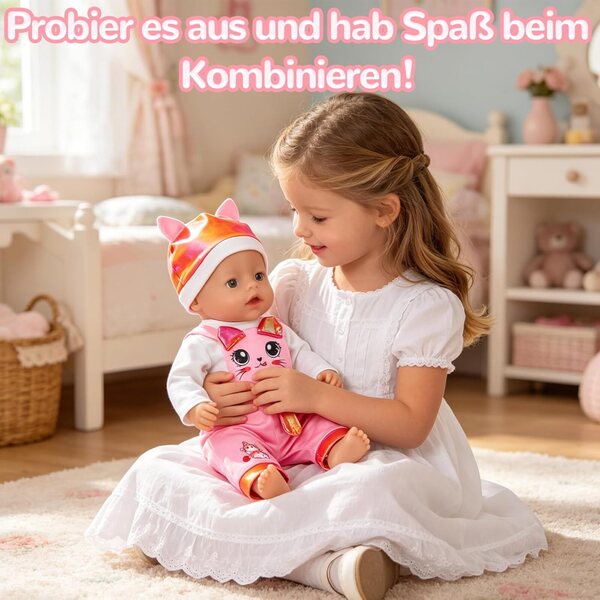 Kleidungsset für 35–43 cm große Puppen mit Katzenmotiv und Geldbörse inklusive