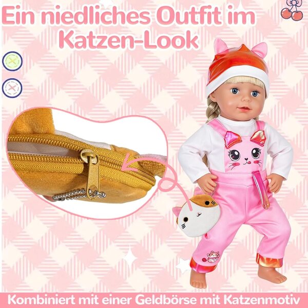 Kleidungsset für 35–43 cm große Puppen mit Katzenmotiv und Geldbörse inklusive