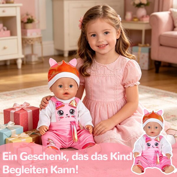 Kleidungsset für 35–43 cm große Puppen mit Katzenmotiv und Geldbörse inklusive