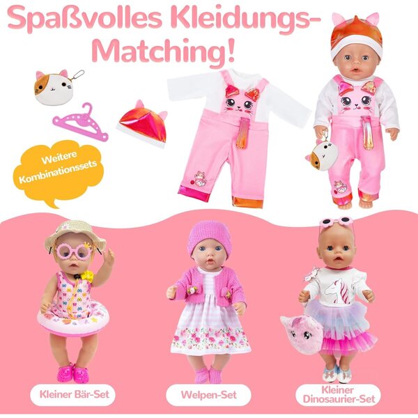 Kleidungsset für 35–43 cm große Puppen mit Katzenmotiv und Geldbörse inklusive