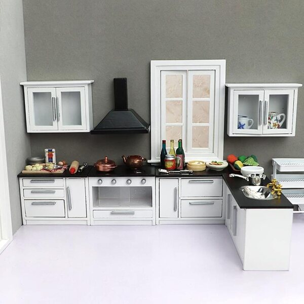 Set armadietti cucina moderni 1:12 per casa delle bambole - 7 pezzi in legno betulla