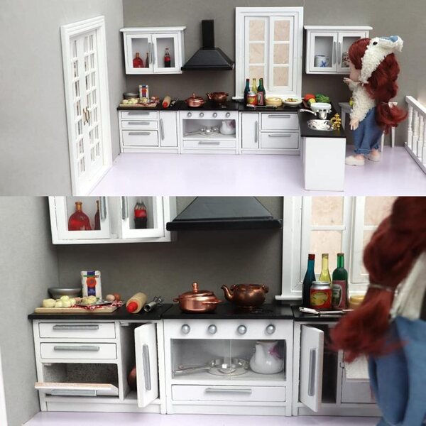 1:12 modernes Küchenschrank-Set für Puppenhaus – 7-teilig aus Birkenholz