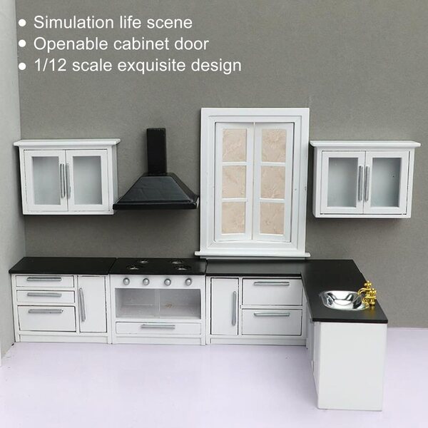 1:12 modernes Küchenschrank-Set für Puppenhaus – 7-teilig aus Birkenholz