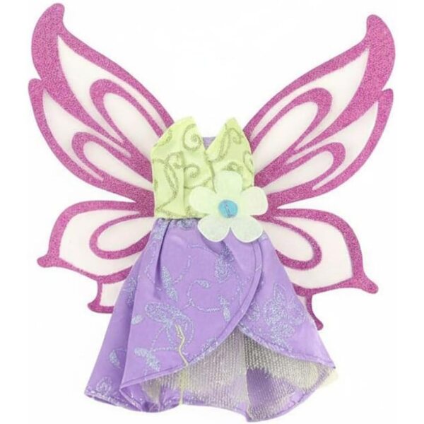 Zauberhaftes Kleid für Puppen mit dekorativen lila Flügeln und floralen Details
