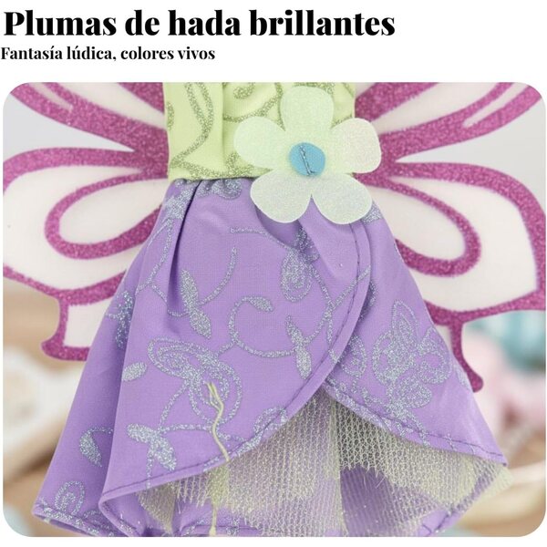 Zauberhaftes Kleid für Puppen mit dekorativen lila Flügeln und floralen Details