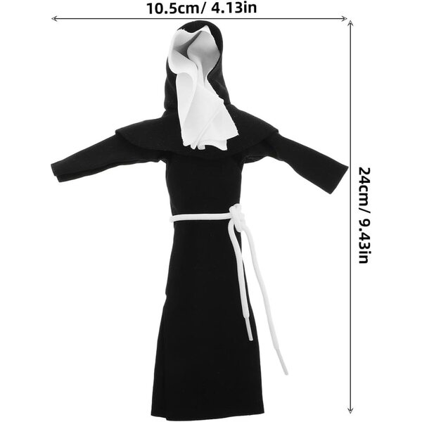 Costume Nonne per Bambole Nero con Collare Argentato per Giochi di Ruolo e Scenografie