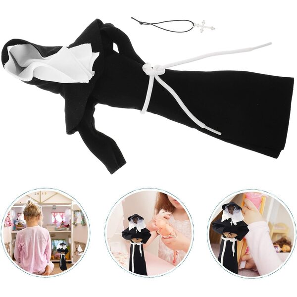 Costume Nonne per Bambole Nero con Collare Argentato per Giochi di Ruolo e Scenografie