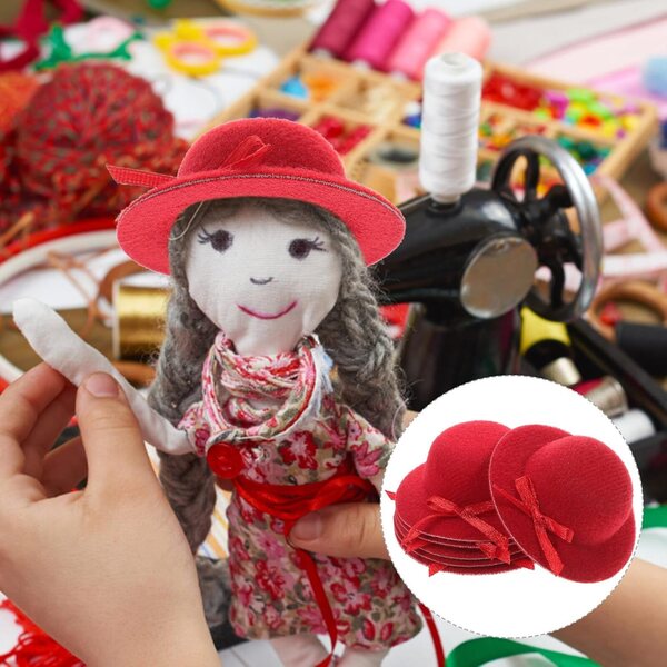 6 Mini Cappelli in Tessuto Rosso con Fiocco per Bambole - Accessori Decorativi e Creativi