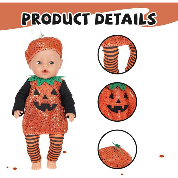 Abbigliamento Halloween per Bambole 16/18 Pollici - Costume Zucca con Pantaloni e Cappello