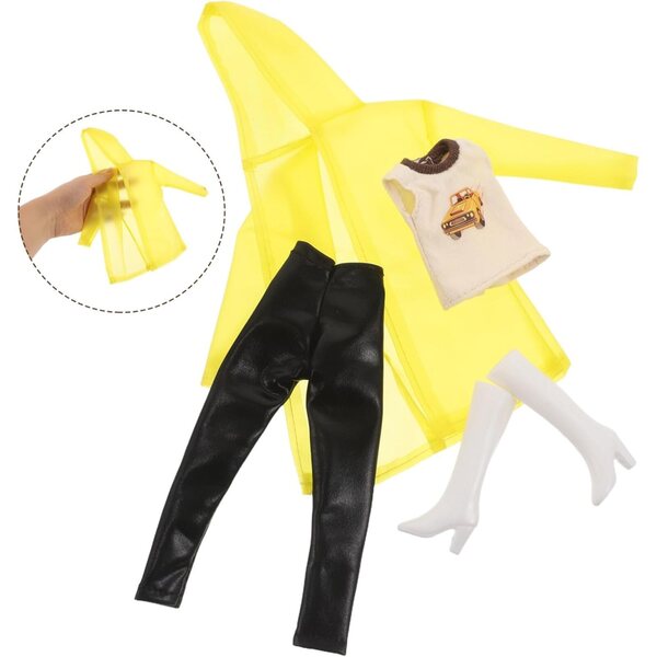 Gelbes Regenmantel-Set für Puppen mit Poncho, Weste, Hose und Stiefeln
