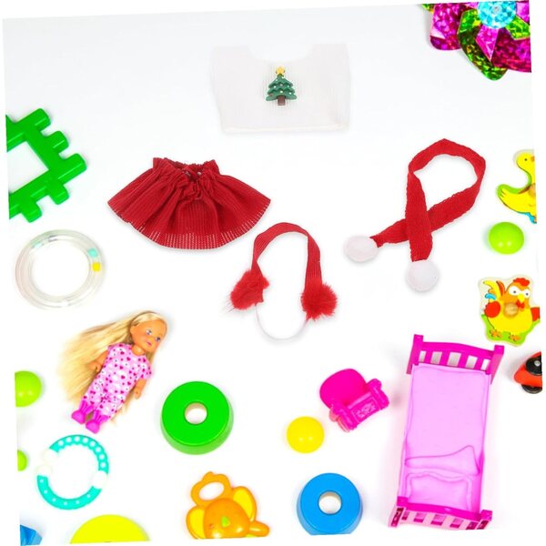 Weihnachtspuppen-Bekleidungsset: Jacke+Rock+Schal+rote Ohrenschützer