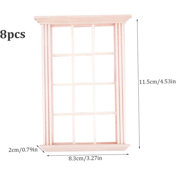 Set 8 finestre in legno miniatura 1:12 per casa delle bambole, cornice 12 griglie