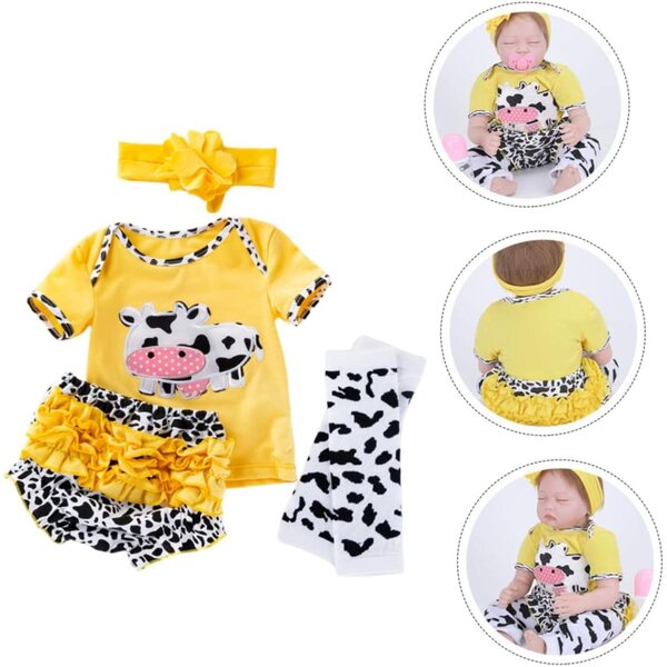 Tenuta Estiva Bambole Reborn Bambina Motivo Mucca Cartoon con Accessori Completi