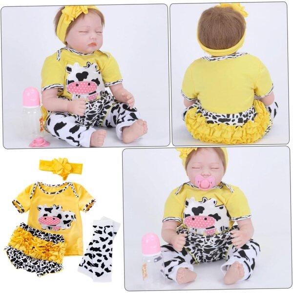 Tenuta Estiva Bambole Reborn Bambina Motivo Mucca Cartoon con Accessori Completi