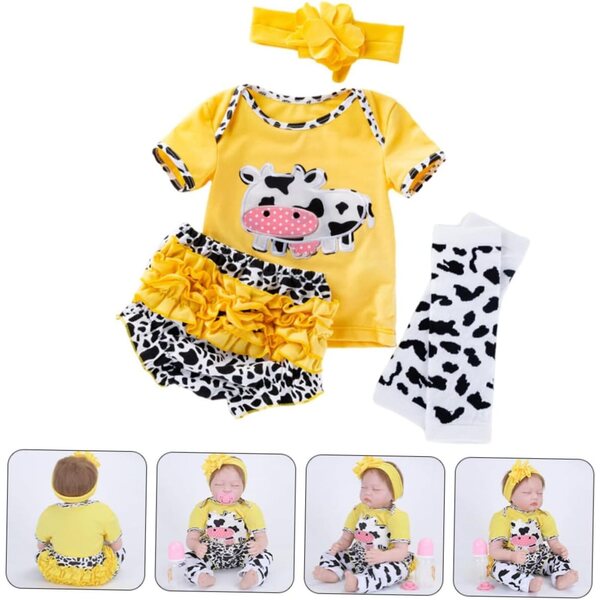 Abbigliamento in Cotone per Bambola Reborn con Motivo Mucca Giallo - Set Completo