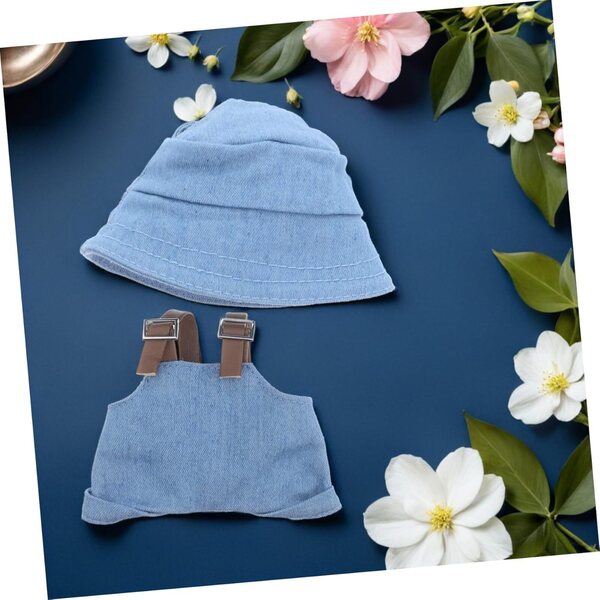 Set Abbigliamento Miniature per Bambole con Chapeau Bleu Ciel e Salopette