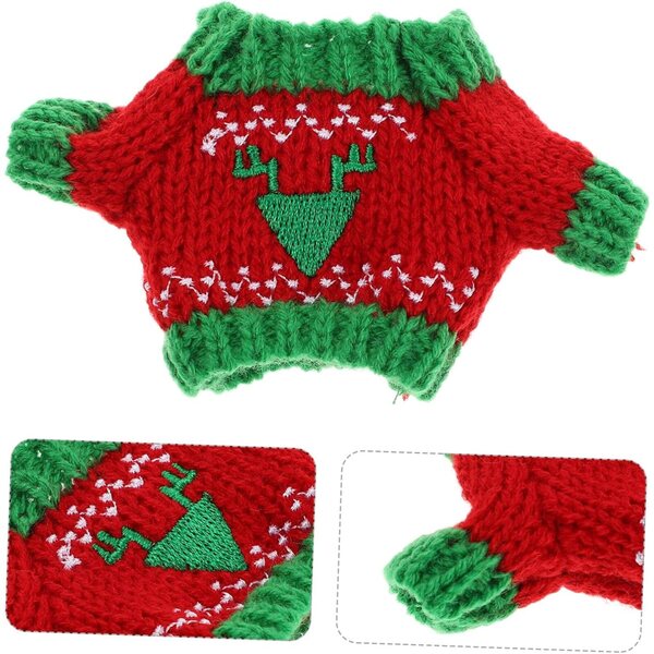 Mini Pull in Tessuto Peluche per Bambole con Motivi Natalizi Rossi e Verdi