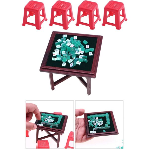 Miniatur-Mahjong-Set im Maßstab 1:12 für Puppenhäuser mit Holztisch und Stühlen