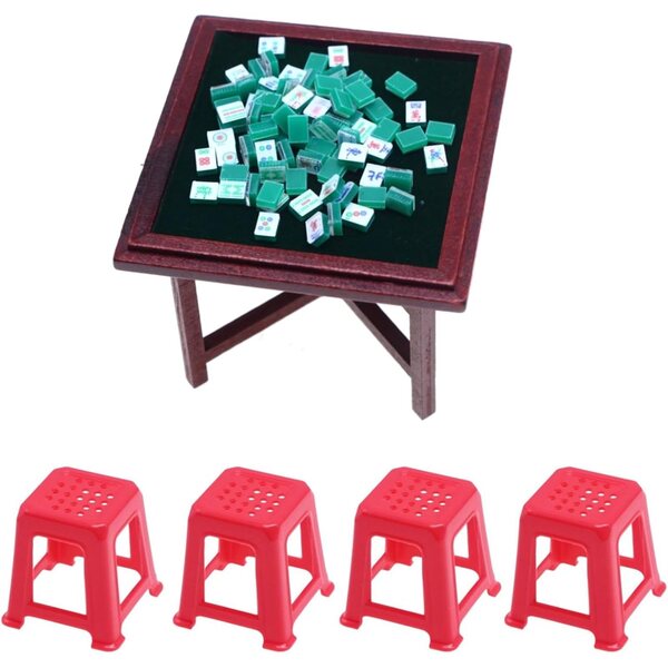 Miniatur-Mahjong-Set im Maßstab 1:12 für Puppenhäuser mit Holztisch und Stühlen