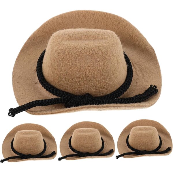 Set 4 Mini Cappelli da Cowboy Beige in Poliestere per Bambole, Stile Western Vintage, 8 cm