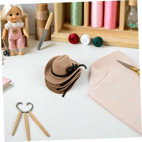 Set 4 Mini Cappelli da Cowboy Beige in Poliestere per Bambole, Stile Western Vintage, 8 cm