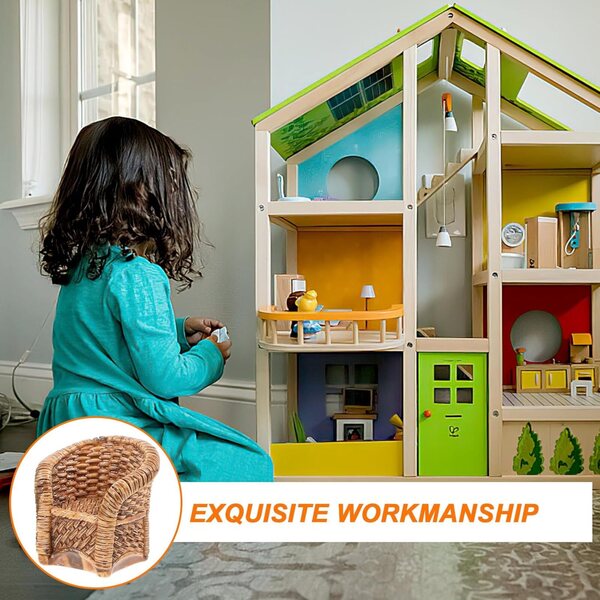 Hellbraunes geflochtenes Tisch- und Stuhl-Miniaturset für Puppenhaus 1:12