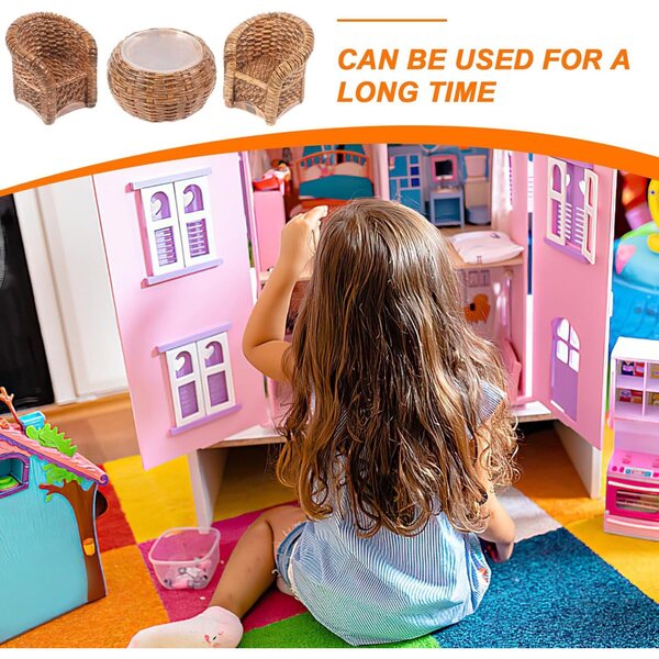 Hellbraunes geflochtenes Tisch- und Stuhl-Miniaturset für Puppenhaus 1:12