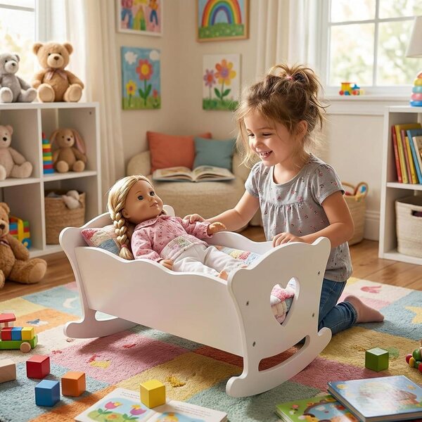 Letto a Dondolo in Legno per Bambole con Cuscino e Tappetino - Gioco di Ruolo Creativo per Bambini