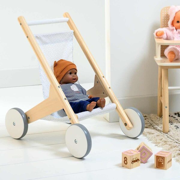 Holzkinderwagen für Puppen ab 2 Jahren mit praktischem Behälter und leisen Rädern