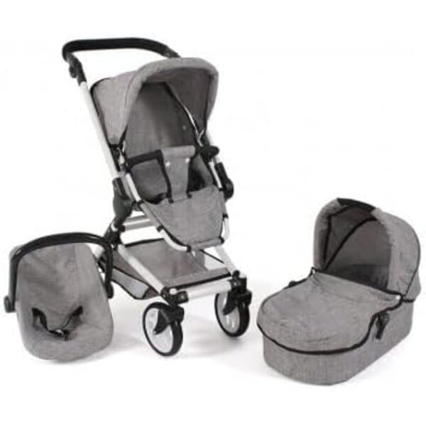 Landau Poussette Combiné 3 in 1 für Puppen, Grau, mit verstellbarem Griff, 60–85 cm