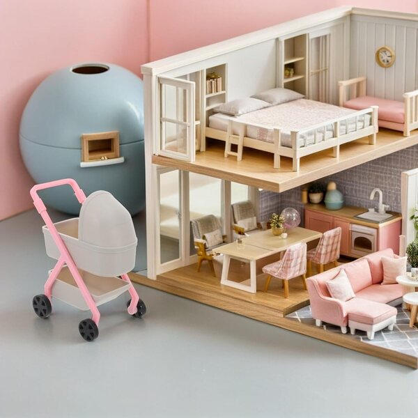 1:12 Realistischer Miniatur-Kinderwagen aus hellgrauem Kunststoff für das Puppenhaus