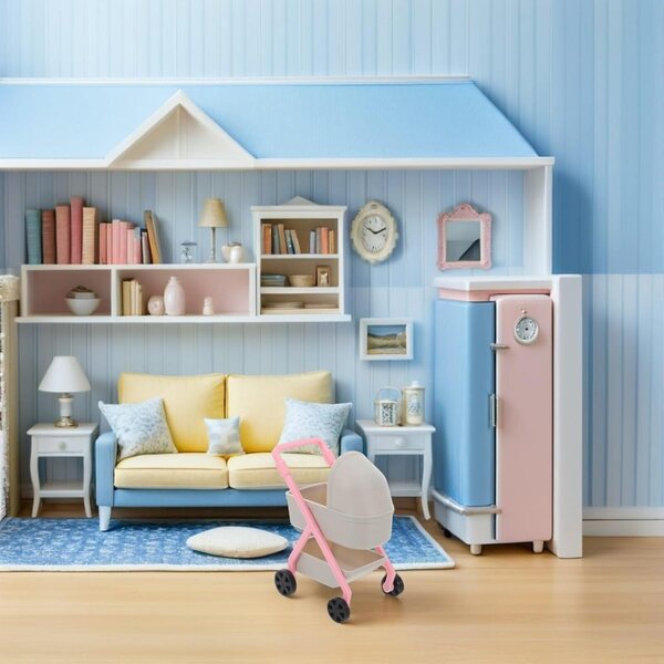 1:12 Realistischer Miniatur-Kinderwagen aus hellgrauem Kunststoff für das Puppenhaus