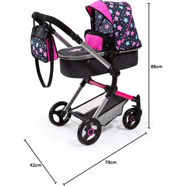 Landau Neo Vario für Puppen bis 52 cm, faltbar mit verstellbarem Griff und Tasche