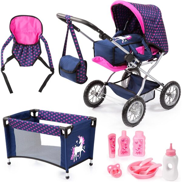 Bayer Design Puppenwagen mit Reisebett und Zubehör – Blau/Pink
