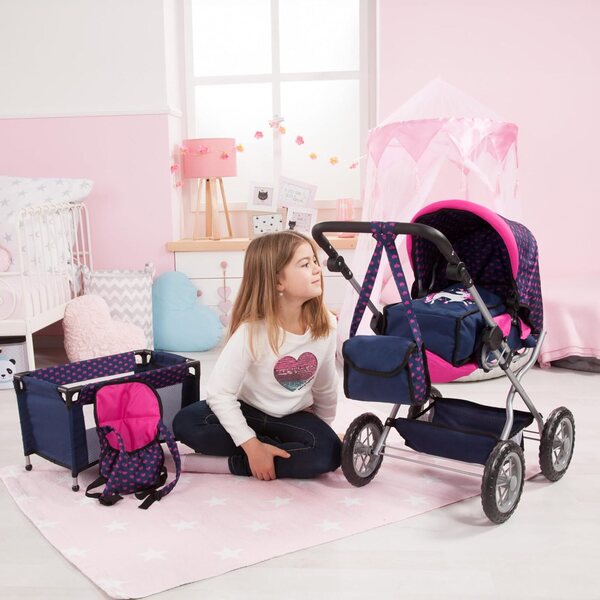 Bayer Design Puppenwagen mit Reisebett und Zubehör – Blau/Pink