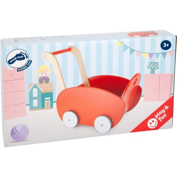 Landau in Legno Rosso Small Foot 53x29x41 cm con Ruote Silenziose e Manico Ergonomico