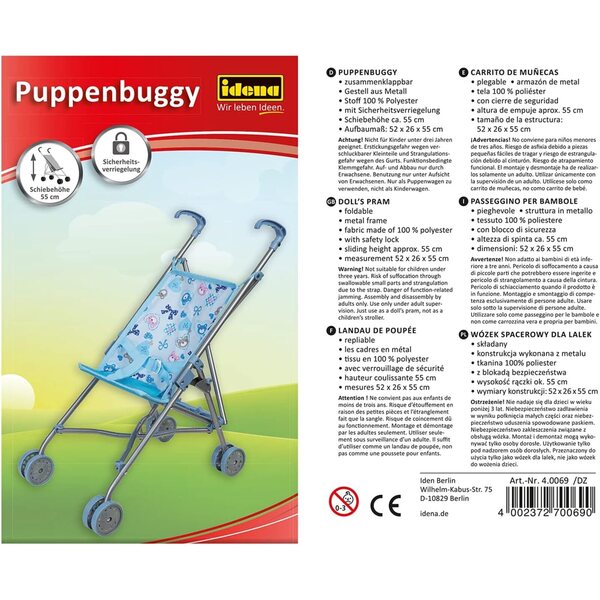 Poussette aus blauen Idena-Puppen mit Bärenmotiv, leicht zu tragen