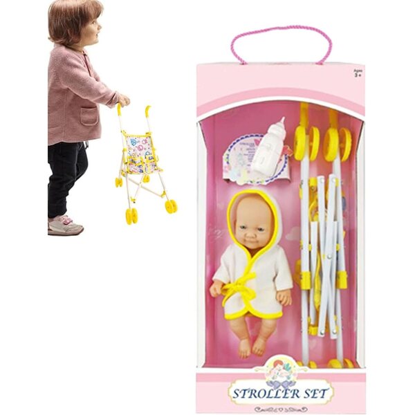 Zusammenklappbarer Spielzeug-Kinderwagen mit Flasche für Mädchen – sicher und platzsparend