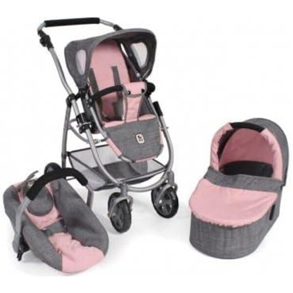 Poussette Landau Cozy 3 in 1 für Puppen Rosa/Grau mit verstellbarem Griff 55-82 cm