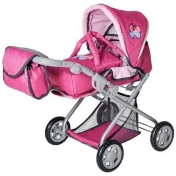 Landau Combi Poussette Rose für Puppen mit Zubehör und verstellbarem Griff 33-62 cm