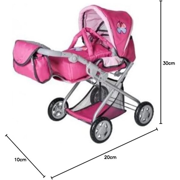 Landau Combi Poussette Rose per Bambole con Accessori e Manico Regolabile 33-62 cm
