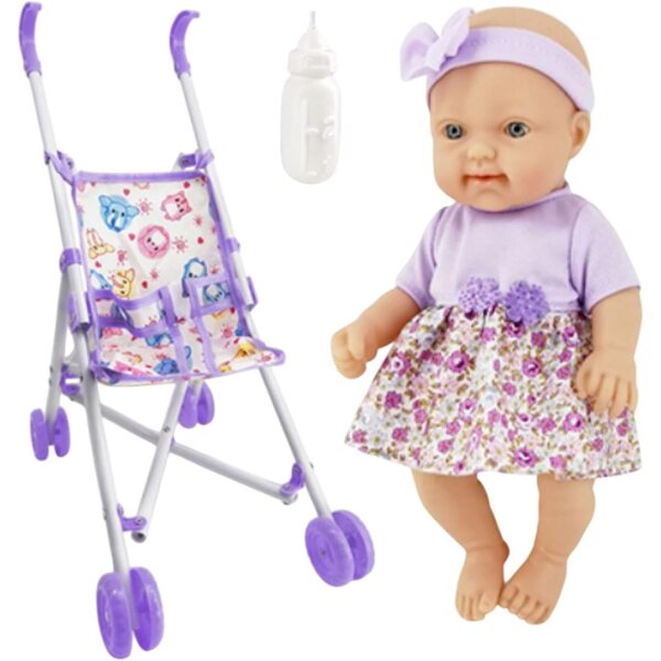 Zusammenklappbarer Puppenwagen für Mädchen mit Puppe, Sicherheitsgurt und Zubehör